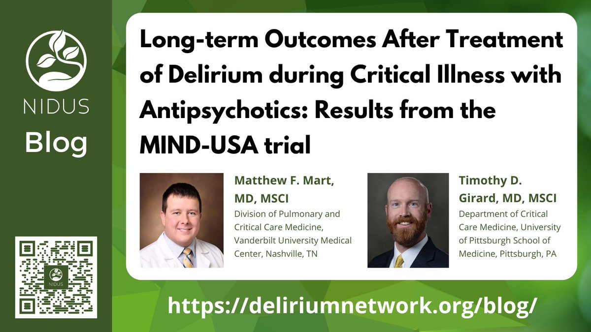 NIDUS Delirium Network (@nidus_delirium) on Twitter photo Does treatment of ICU #delirium with antipsychotics improve long-term cognition, psychological, functional or quality of life outcomes?
Learn more in the latest NIDUS blog post by @matthewmartMD & <a href="/timothygirard/">Timothy Girard</a>.
deliriumnetwork.org/blog/ Does treatment of ICU #delirium with antipsychotics improve long-term cognition, psychological, functional or quality of life outcomes?
Learn more in the latest NIDUS blog post by @matthewmartMD & <a href="/timothygirard/">Timothy Girard</a>.
deliriumnetwork.org/blog/