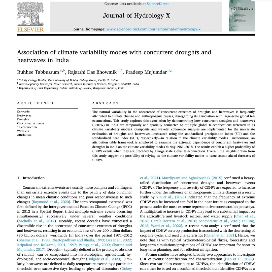HydroClim_IISc's tweet image. New article on Journal of Hydrology X on the association of climate variability modes and concurrent droughts and heatwaves (CDHW), led by my former postdoc Dr. Ruhhee (currently at Trinity College, Dublin)
doi.org/10.1016/j.hydr…
@DrRuhhee @ICWaR_IISc