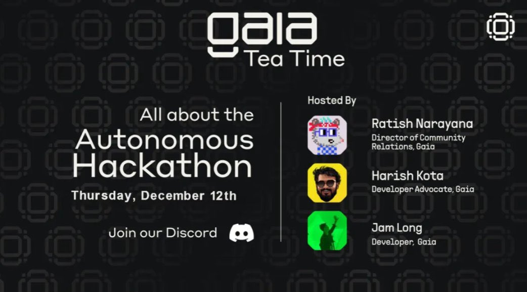 Join me now on <a href="/Gaianet_AI/">Gaia 🌱</a> discord along with <a href="/JamJam_long/">jamlong.eth 🌱Gaia</a> <a href="/HarishKotra/">Harish Kotra 🥑</a> 
<a href="/rancherzhu/">Rancher</a> &amp; Scarlet 
mee6.xyz/i/F4hGqbbtcP

#AIAgent #AutonomousHackathon #Community