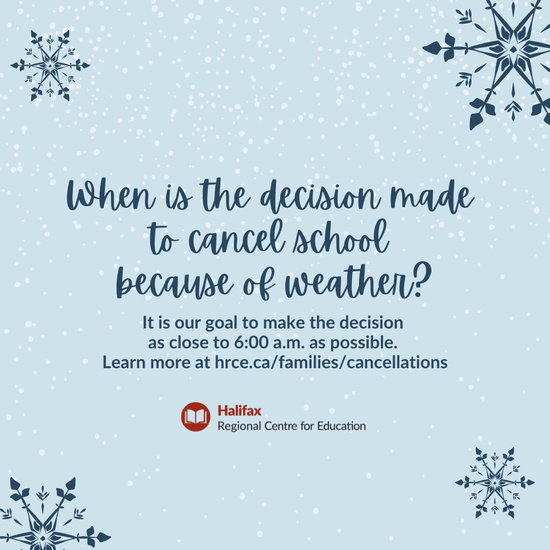 A 6 a.m. weather announcement could be: all schools delayed &amp; bus pickups delayed by 2 hours; all schools open, but some or all buses are not operating; some schools (either individually or by family) closed; or all schools are closed. Learn more: hrce.ca/families/cance…