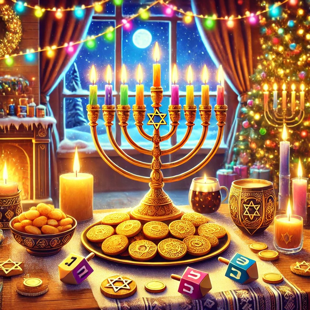 عيد حانوكا (عيد الأنوار)

حانوكا هو عيد يهودي يحتفل بذكرى انتصار المكابيين على الجيوش السلوقية وإعادة تدشين الهيكل في القدس. يُعرف العيد أيضاً بـ”عيد الأنوار” لأنه يرتبط بمعجزة الزيت، حيث اشتعل الزيت في المنارة (المينوراه) لمدة ثمانية أيام، رغم أن الكمية كانت تكفي ليوم واحد فقط.