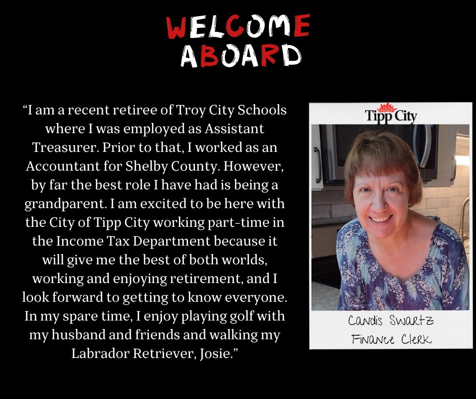 Last month, Candis Swartz joined Tipp City as a part-time Finance Clerk in our Income Tax Department. With her skills and dedication, she’ll be a great addition to our team as we continue to serve our community.

Please join us in giving Candis a warm Tipp City welcome!
