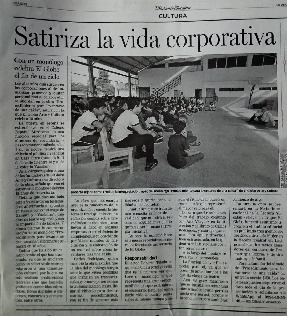 Gracias al @diariodeyucata por su apoyo en la difusión de nuestro reciente estreno! Tenemos una función para cerrar el año este sábado 14 de diciembre en <a href="/casa/">casa</a>.circo a las 7pm. Entrada general $150.00. 🎭

Nota digital 👇
yucatan.com.mx/imagen/2024/12…

#Teatro
#Merida
#Monologo