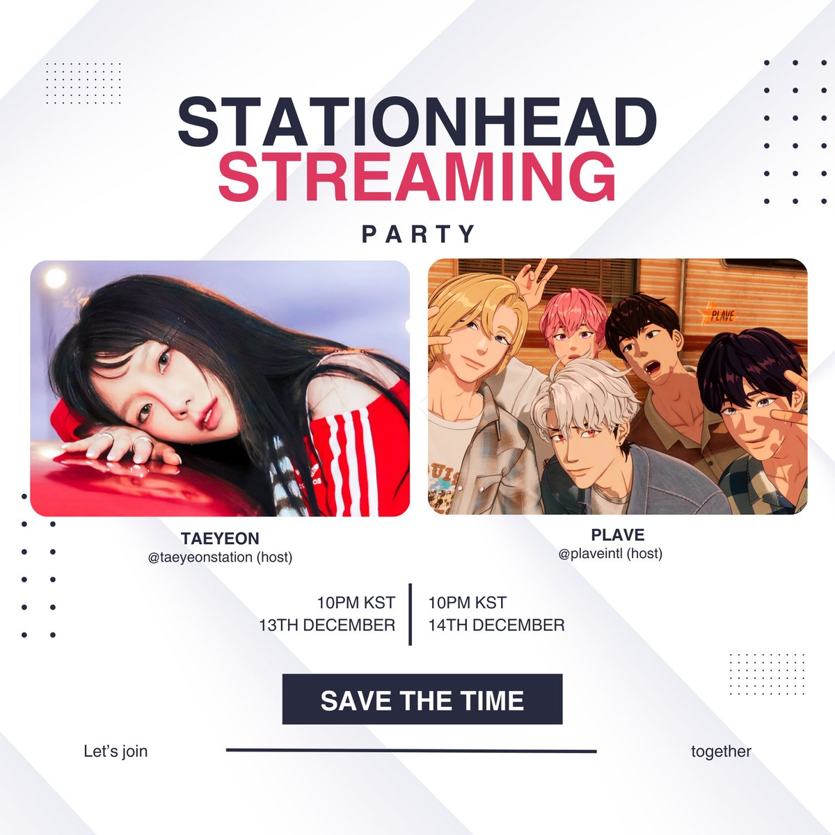 TAEYEON STATION (@taeyeonstation) on Twitter photo 💜 TAEYEON x PLAVE <a href="/STATIONHEAD/">STATIONHEAD</a> Streaming Collaboration
DAY 1: <a href="/taeyeonstation/">TAEYEON STATION</a> (host)
13th,Dec - 10PM KST
DAY 2: <a href="/plaveintl/">PLAVE INTL</a> (host)
14th, Dec - 10PM KST
Please retweet for more visibility
<a href="/TAEYEONsmtown/">TAEYEON Official</a> #TAEYEON #태연
#PLAVE #플레이브 #プレイブ 💜 TAEYEON x PLAVE <a href="/STATIONHEAD/">STATIONHEAD</a> Streaming Collaboration
DAY 1: <a href="/taeyeonstation/">TAEYEON STATION</a> (host)
13th,Dec - 10PM KST
DAY 2: <a href="/plaveintl/">PLAVE INTL</a> (host)
14th, Dec - 10PM KST
Please retweet for more visibility
<a href="/TAEYEONsmtown/">TAEYEON Official</a> #TAEYEON #태연
#PLAVE #플레이브 #プレイブ