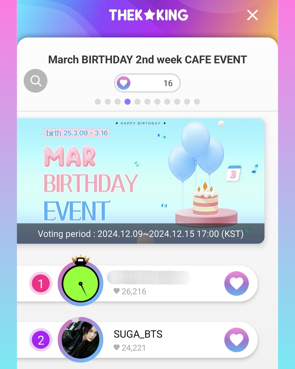 DataAgustD's tweet image. 🗳️ THEKKING | March B&apos;day Vote 🗳️

Vote for #SUGA 🐱

Rank: #2 
Current Gap: 1995 🚨
🎯 Target : Take the Lead!

Create multiple accounts and collect as many hearts possible. 

⏰ Ends: Dec 15, 17:00 KST
🎁 Birthday Cafe Event

#SUGA #AgustD #슈가 #방탄소년단슈가 #BTSSUGA