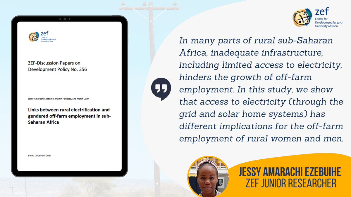ZEF (@zefbonn) on Twitter photo +++ New ZEF Discussion Paper +++
"Links between rural electrification and gendered off-farm employment in sub-Saharan Africa" by ZEF Junior Researcher Jessy Amarachi Ezebuihe, ZEF Researcher <a href="/martinparlasca/">martinparlasca</a> and ZEF Director <a href="/MatinQaim/">Matin Qaim</a>
โก๏ธ bit.ly/ZEF_DP_356 +++ New ZEF Discussion Paper +++
"Links between rural electrification and gendered off-farm employment in sub-Saharan Africa" by ZEF Junior Researcher Jessy Amarachi Ezebuihe, ZEF Researcher <a href="/martinparlasca/">martinparlasca</a> and ZEF Director <a href="/MatinQaim/">Matin Qaim</a>
โก๏ธ bit.ly/ZEF_DP_356