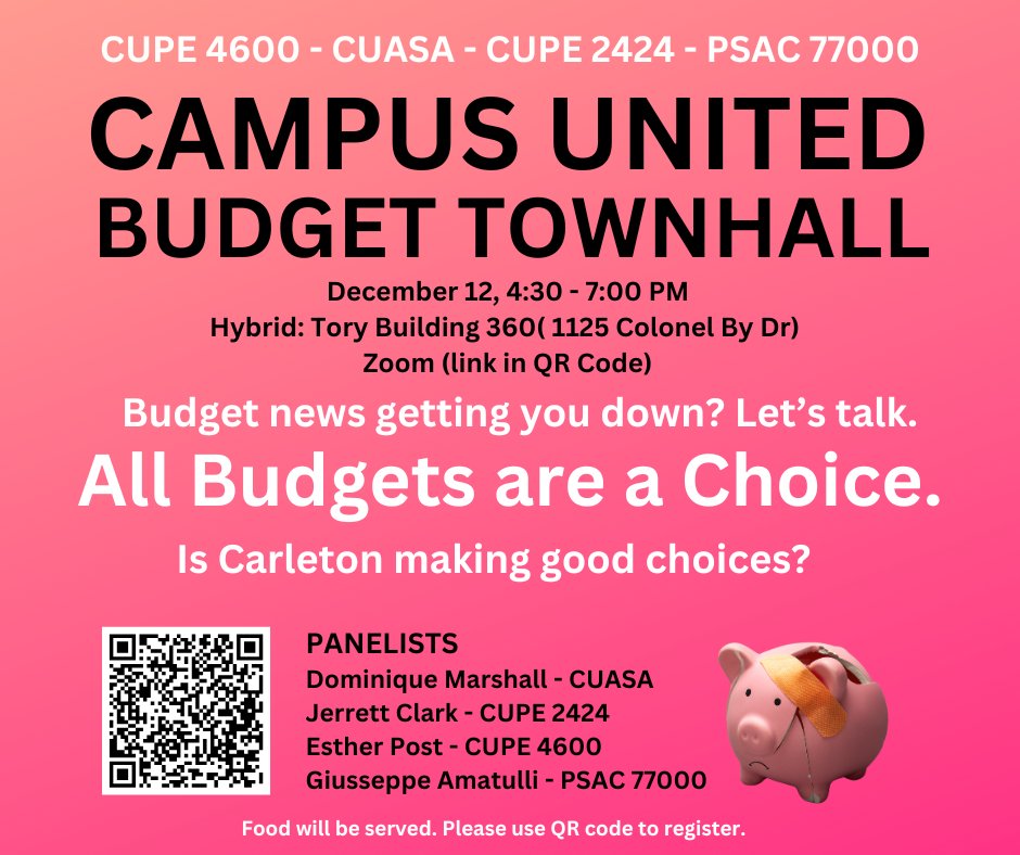 Today! Registration is required.
Members of Carleton's unions are invited to attend a townhall to discuss budget realities. Panalists will give short presentations and be available to answer questions. 
See you there! 
#solidarity #EveryBudgetIsAChoice