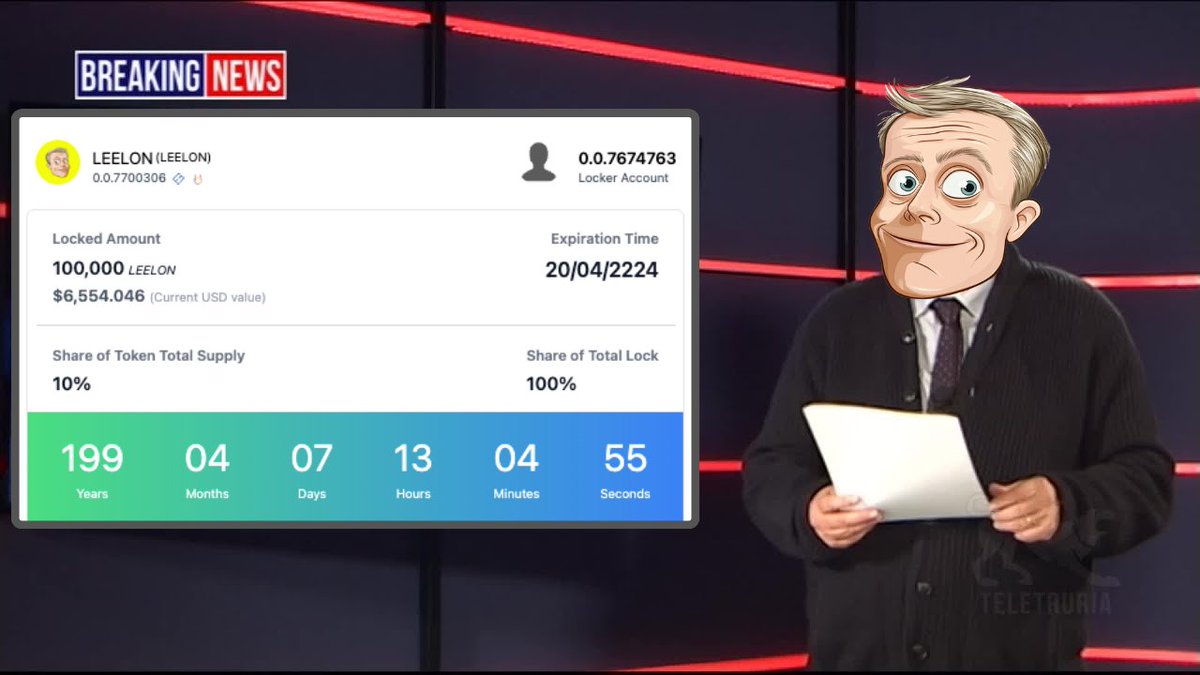 🚨 BREAKING NEWS 🚨

✅ Team's holding (100,000 $LEELON) is now locked for 200 years (max. locking period), until 4/20/2224, 4:20 time: davincigraph.io/locks/tokens/0… 

✅ 50% of the treasury (50,000 $LEELON) is burned forever, RIP: davincigraph.io/burns/tokens/0…

🔜 The remaining tokens in