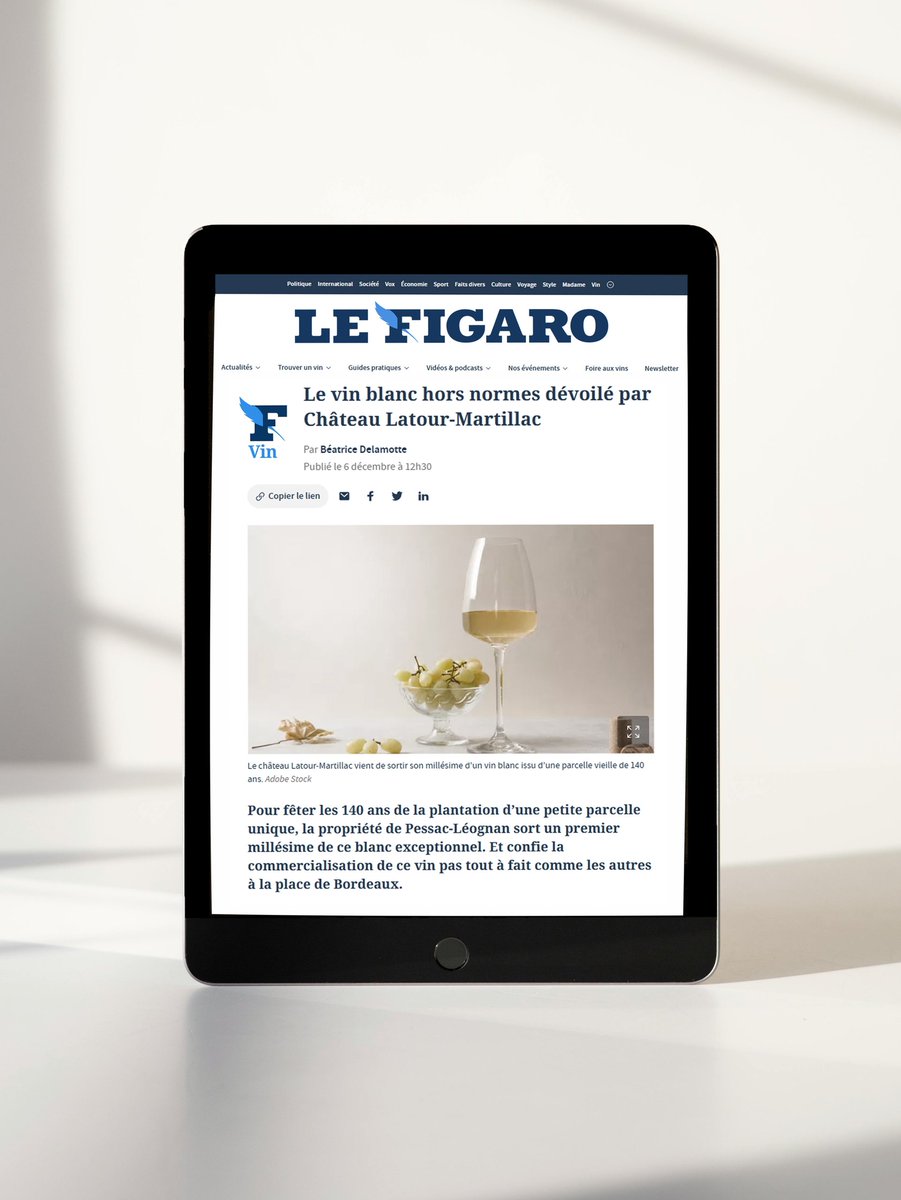 Retrouvez l’article "Le vin blanc hors normes dévoilé par le Château Latour-Martillac" rédigé par B. Delamotte pour <a href="/lefigarovin/">Le Figaro Vin</a> concernant notre cuvée parcellaire Grapecap 1884 :
avis-vin.lefigaro.fr/domaines-et-vi…
En vente à la boutique du Château.
Informations/commande : 05 57 97 71 11