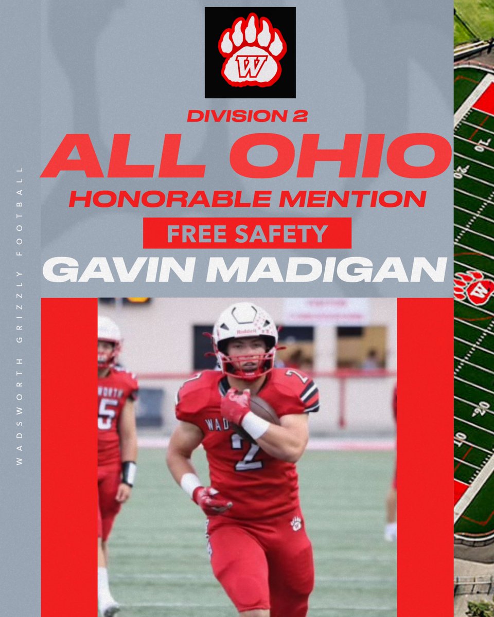 Congratulations to Team Captain, 2026’ FS/RB Gavin Madigan on earning Div 2 - Honorable Mention All Ohio Status. 2nd on team in tackles &amp; yards gained while missing 4 games. 4.0+ GPA, ELITE leader &amp; tireless worker.
#EffortAttitudeToughness
<a href="/GavinMadigan2/">Gavin Madigan</a> 
hudl.com/v/2QtiLM