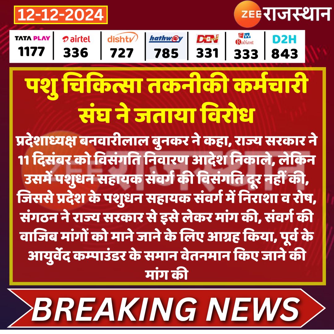 #Jaipur पशु चिकित्सा तकनीकी कर्मचारी संघ ने जताया विरोध

प्रदेशाध्यक्ष बनवारीलाल बुनकर ने कहा, राज्य सरकार ने 11 दिसंबर को विसंगति निवारण आदेश निकाले, लेकिन उसमें पशुधन सहायक संवर्ग की विसंगति दूर नहीं की, जिससे प्रदेश के पशुधन सहायक संवर्ग में निराशा व रोष, संगठन ने राज्य सरकार