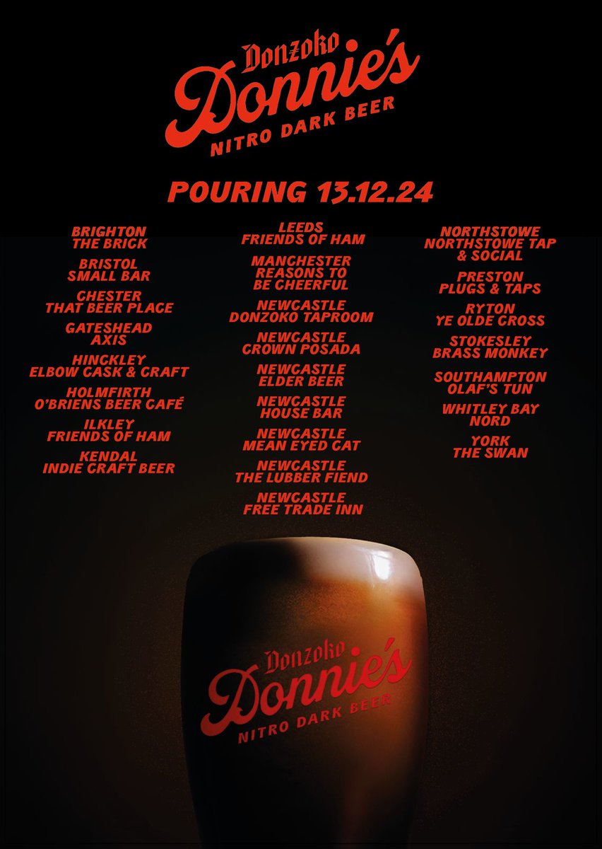 Delighted to be part of this new brew launch tomorrow (along with late addition) <a href="/theslipinnyork/">The Slip Inn</a>!)
Brand new Nitro Dark from the absolutely ace <a href="/DonzokoBeer/">Donzoko</a> - fresh from their gleaming tanks in Newcastle's hallowed Ouseburn Valley.
This will be absolutely ace! 🍻