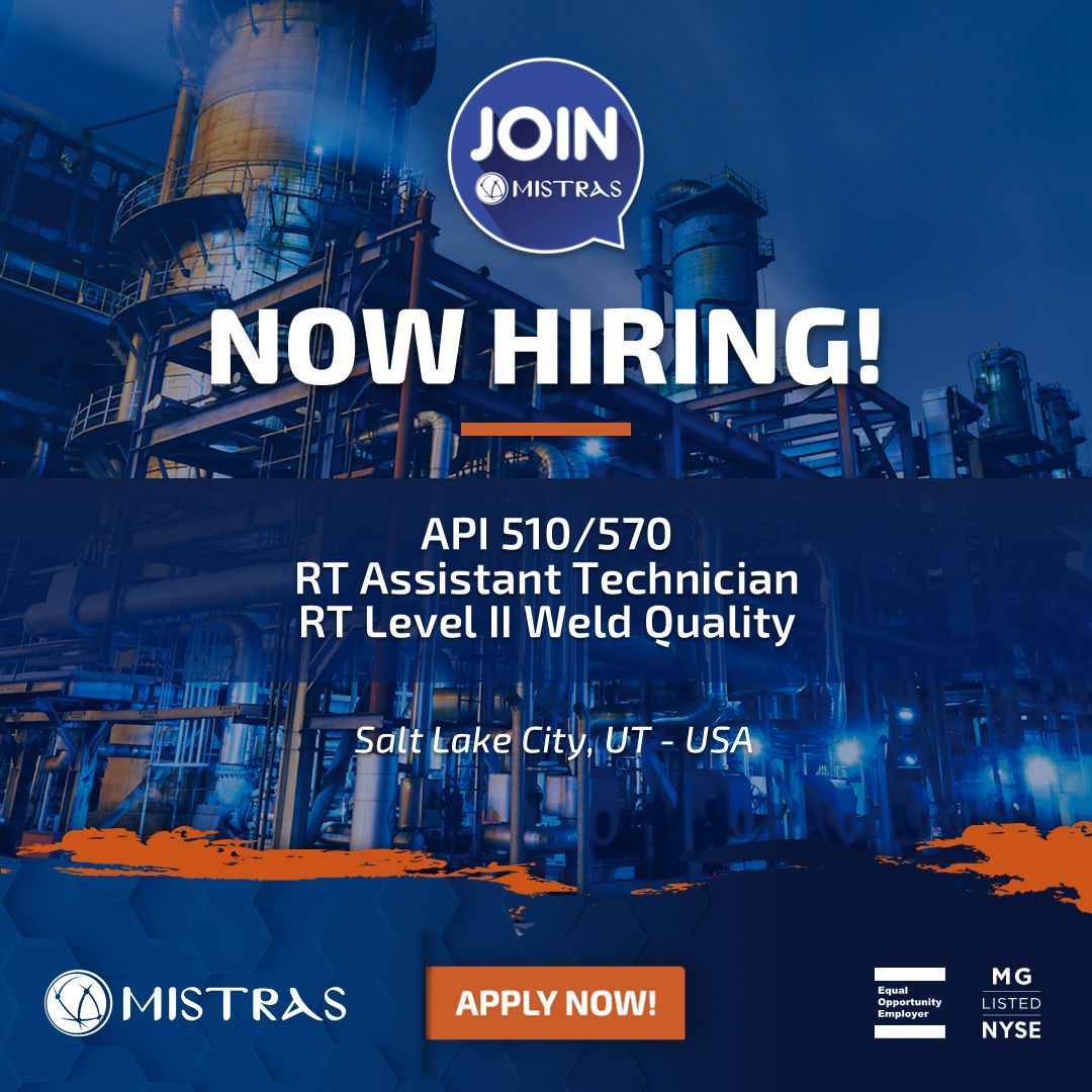 MISTRAS Group is looking for multiple positions based in Salt Lake City, UT - USA. 
•API 510/570: bit.ly/3BShwlm
•Rt Assistant Technician: bit.ly/3C7fIoC
•RT Level II Weld Quality: bit.ly/3YoT96z
#Hiring #TIC #Testing #Inspection #Certification #NDT