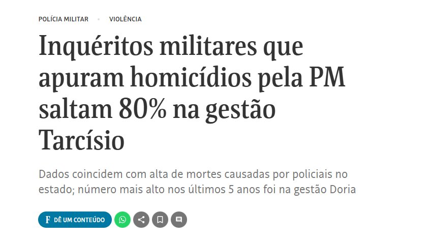 𝗠𝗔𝗜𝗦 𝗠𝗢𝗥𝗧𝗘𝗦 𝗦𝗢𝗕 𝗔 𝗚𝗘𝗦𝗧Ã𝗢 𝗧𝗔𝗥𝗖Í𝗦𝗜𝗢!
Uma polícia mais violenta consequentemente mata mais, essa é PM sob a gestão do governador Tarcísio no Estado de São Paulo. Não é à toa que temos visto na imprensa uma escalada de mortes causada por policiais.