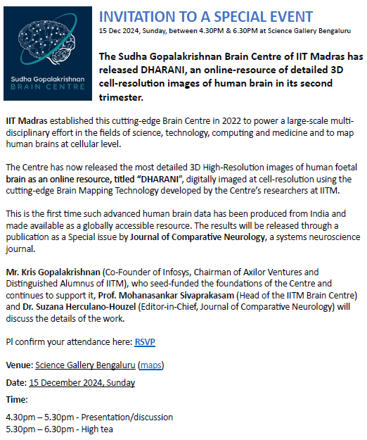 Centre for Brain Research, IISc (@cbr_iisc) on Twitter photo Pleased to share a warm invitation from Sudha Gopalakrishnan Brain Centre <a href="/iitmadras/">IIT Madras</a> to a special event featuring✨DHARANI, a recently released, one-of-a-kind repository of cell-resolution images of the fetal #brain
🗓️15 Dec🕟4:30 PM📍<a href="/SciGalleryBlr/">Science Gallery Bengaluru</a>
RSVP docs.google.com/forms/d/e/1FAI… Pleased to share a warm invitation from Sudha Gopalakrishnan Brain Centre <a href="/iitmadras/">IIT Madras</a> to a special event featuring✨DHARANI, a recently released, one-of-a-kind repository of cell-resolution images of the fetal #brain
🗓️15 Dec🕟4:30 PM📍<a href="/SciGalleryBlr/">Science Gallery Bengaluru</a>
RSVP docs.google.com/forms/d/e/1FAI…