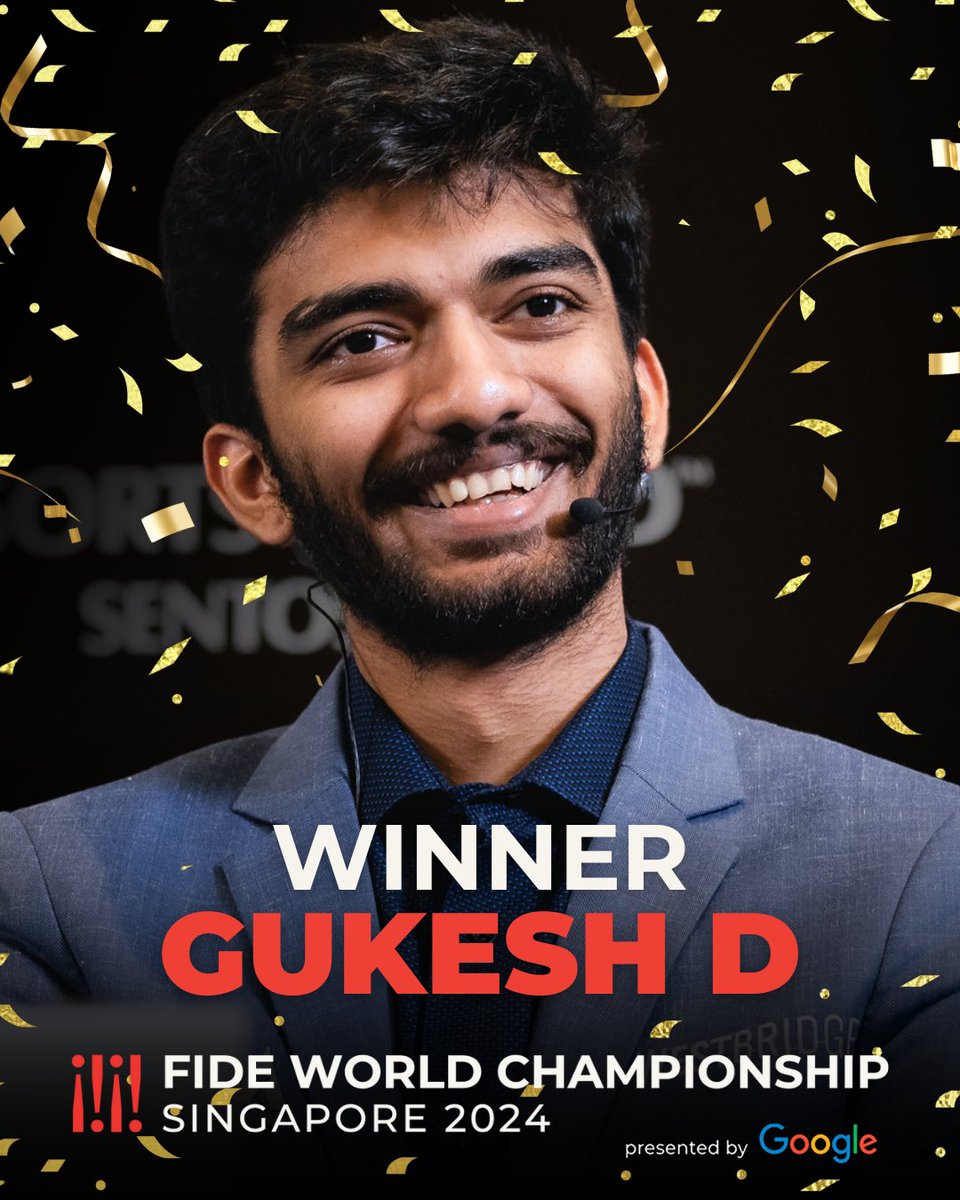 anuroop_ath's tweet image. India&apos;s 18-year-old chess prodigy, Gukesh Dommaraju beat reigning champion Ding Liren of China in the last game to become the youngest-ever undisputed classical chess world champion. Gukesh won 7.5-6.5. #chess #FideWorldChess #Gukesh #chessbaseindia
