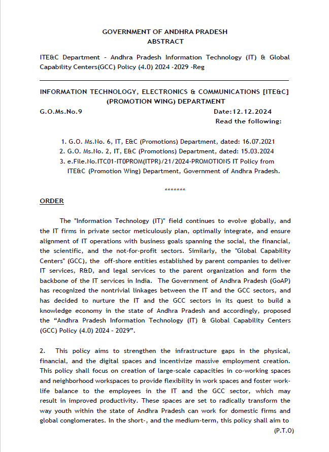 AP_AMV_Updates's tweet photo. 🚨Breaking News🚨
Government of #AndhraPradesh issued GO No: 9
➡️This will bring "IT & GCC Policy 4.0" into implementation immediately.
#InvestInAP #ITPolicy #GCC #GCCPolicy #Vizag #Visakhapatnam #Amaravati #Tirupati #Kakinada #Rajahmundry #Kurnool #Ongole #Nellore https://t.co/UnylyZSP9U