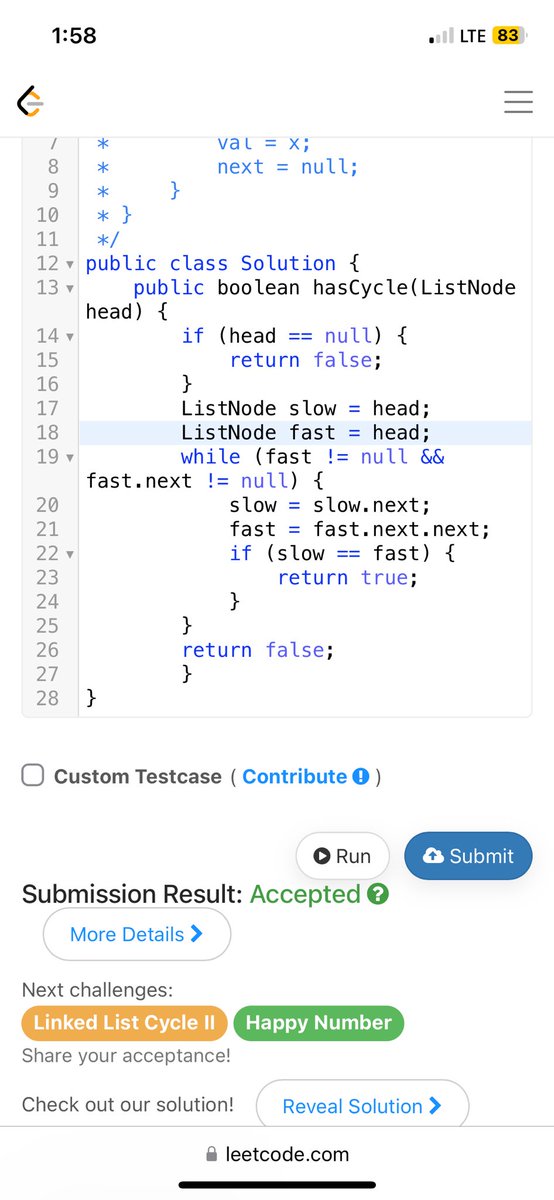 amrit_xrajput's tweet photo. #Day38/365π¨βπ»
π solved one more leetcode question today in trainπ±:
Q2.linked list cycle
#Leetcode
#LearnInPublic #365DaysCode https://t.co/8nKorjS4T6