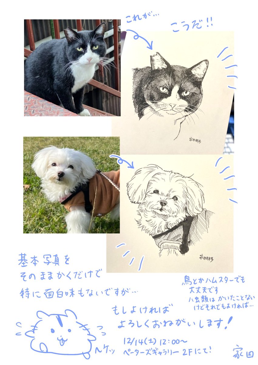 開催中の展示 #おしゃれスーパー で12月14日(土)に行うペット描かせてもらうイベントの詳細です!よろしくお願いします🙇‍♂️ 