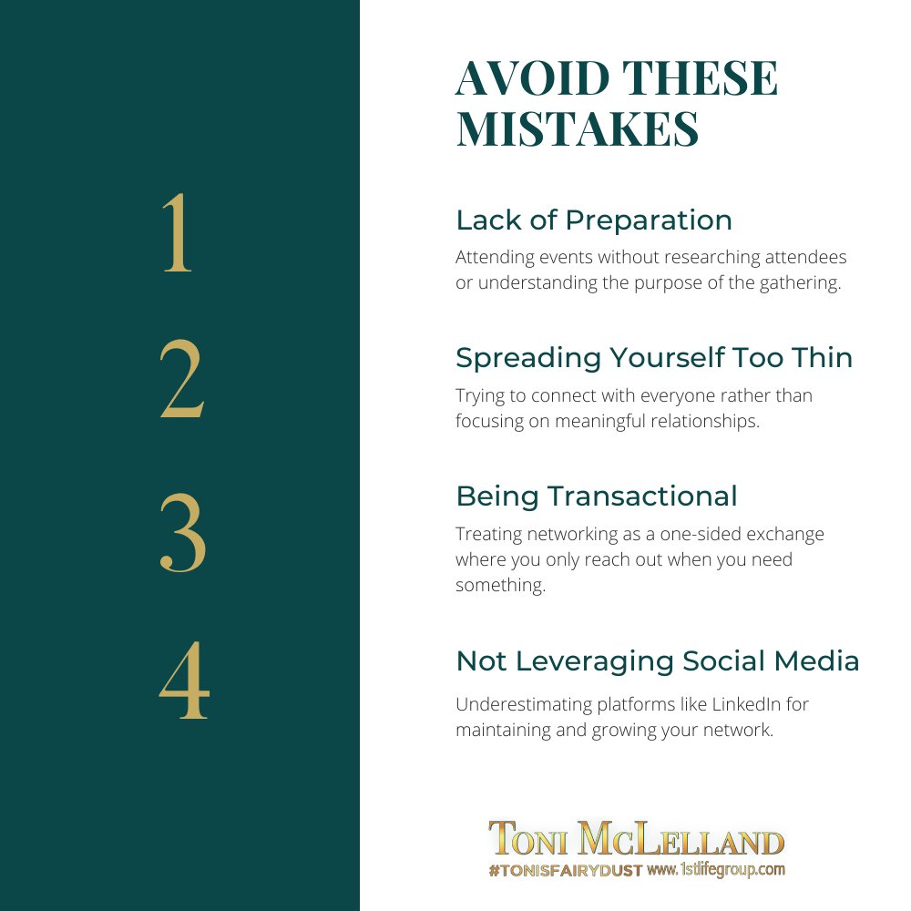 Networking success is all about building meaningful connections, not just collecting contacts.

Avoid common mistakes like talking too much about yourself, skipping follow-ups, or being transactional. Instead, focus on genuine relationships and offering value.

Start small, stay