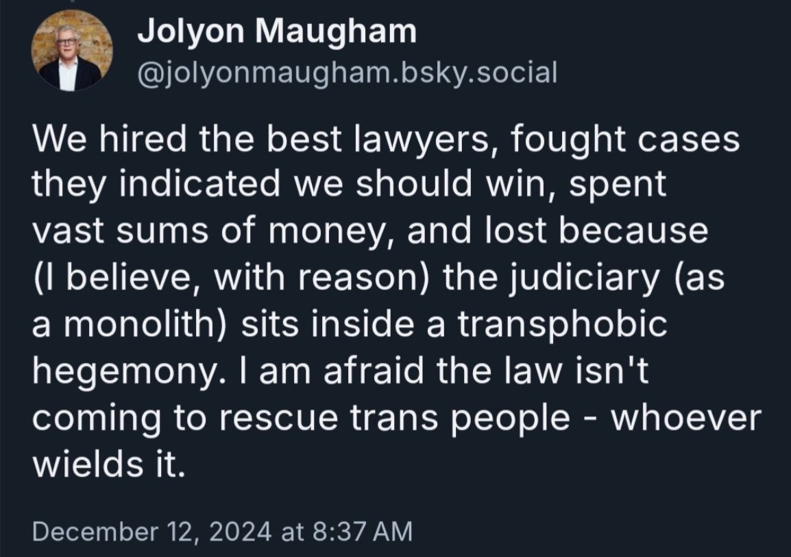 IndiaWilloughby's tweet image. Chilling, from one of the best known KC’s in the UK. It’s an Establishment stitch-up. Trans people are now back where Gay people were in the 1970s. I fear the imminent UK Supreme Court verdict on our protection under the EA.