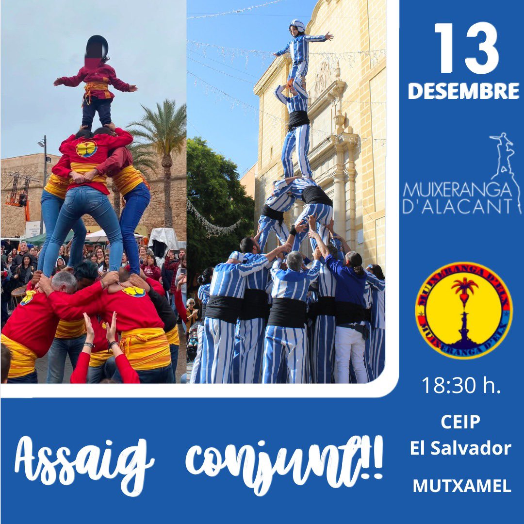 Demà tenim l’últim assaig de 2024. Serà un assaig especial perquè ens acompanyarà la Muixeranga d’Elx. Juntes compartirem espai per tractar de millorar de cara al nou any 2025!! A més, en acabar, tindrem el tradicional sopar de Nadal que celebrem en el nostre Cau a Mutxamel!