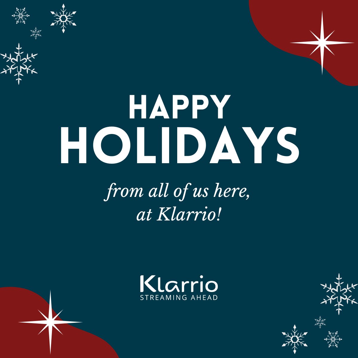 Warm holiday greetings from all of us at Klarrio to you and your loved ones!

#Holidays #MerryChristmas #HappyHolidays #Celebration #SeasonsGreetings #Klarrio #StreamingAhead