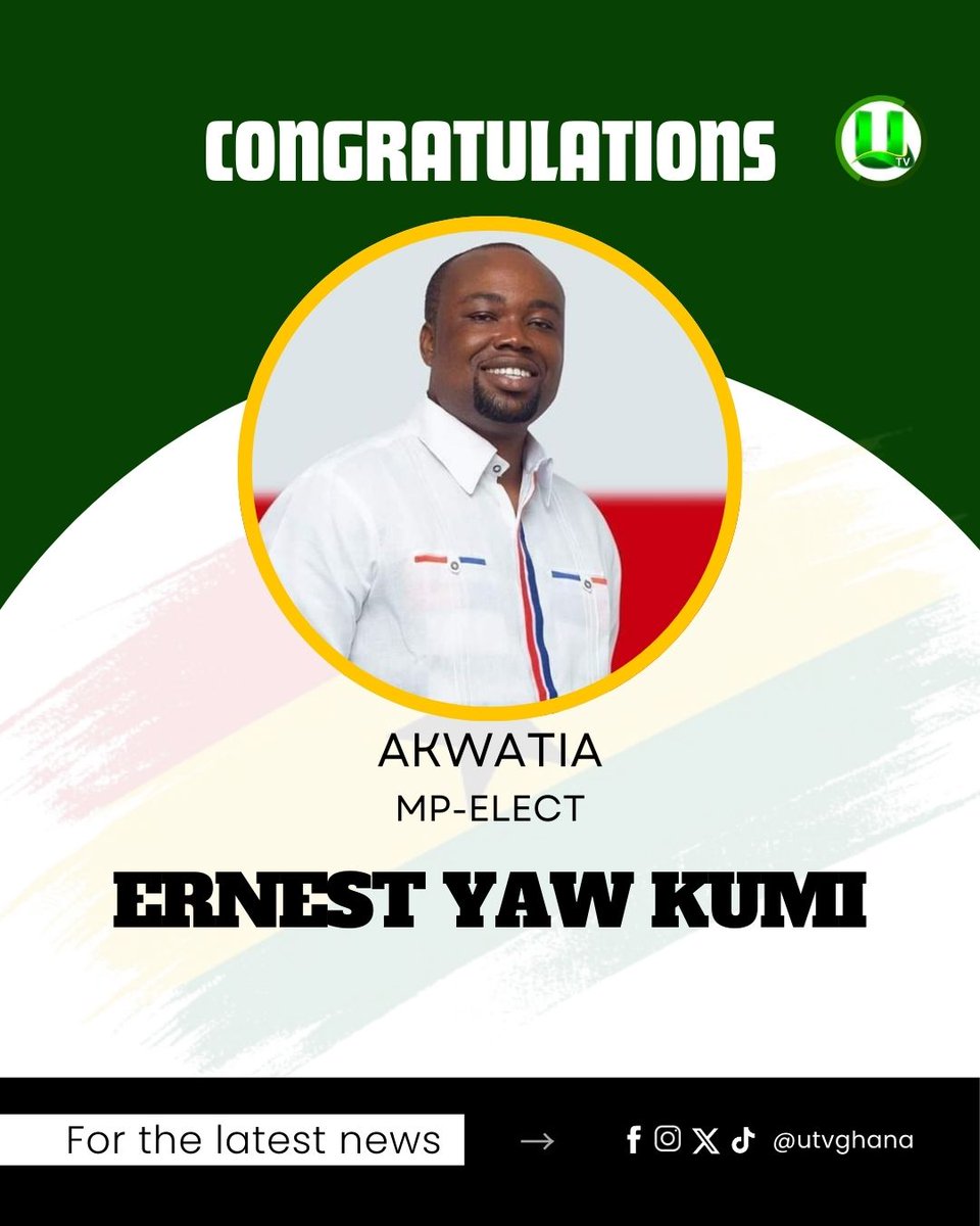 utvghana's tweet image. #DecisionTime: New Patriotic Party (NPP) candidate, Ernest Yaw Kumi – MP-elect for Akwatia

#UTVGhana