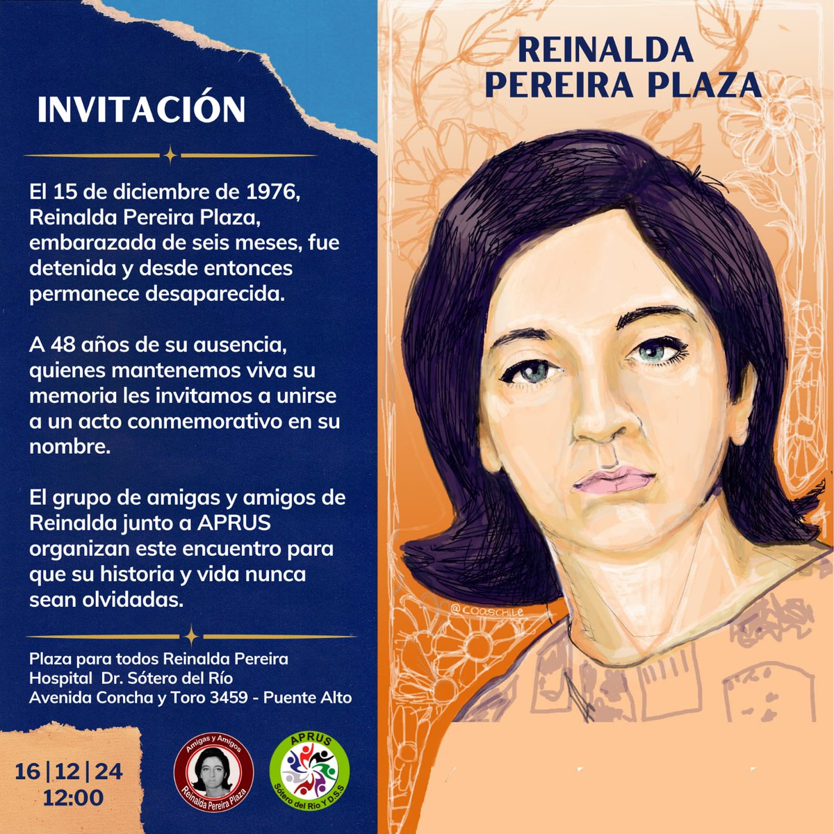 Este lunes 16 acto por la memoria en homenaje a  Reinalda Pereira Plaza a 48 años de detención  
Lugar Plaza Reinalda Pereira , hospital Sótero del Río 
<a href="/FedeprusM/">FEDEPRUS METROPOLITANA</a>
<a href="/minsal/">&</a> 
<a href="/SubseDDHH/">Subsecretaría de Derechos Humanos</a>