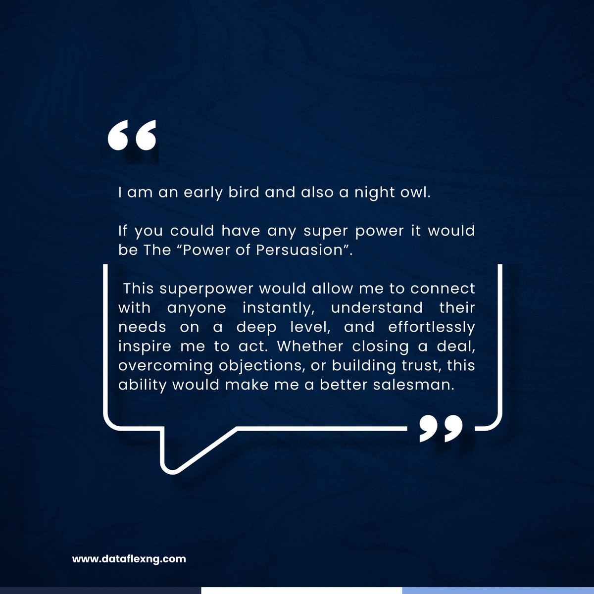 Dataflexng2's tweet image. Meet Olawale, our Senior Business Development Manager, who shares insights into his role, what drives him, and his passion for making meaningful connections.

Swipe to read more about his role, what he enjoys (and doesn&apos;t!), and his dedication to continuous growth.
#dataflexng