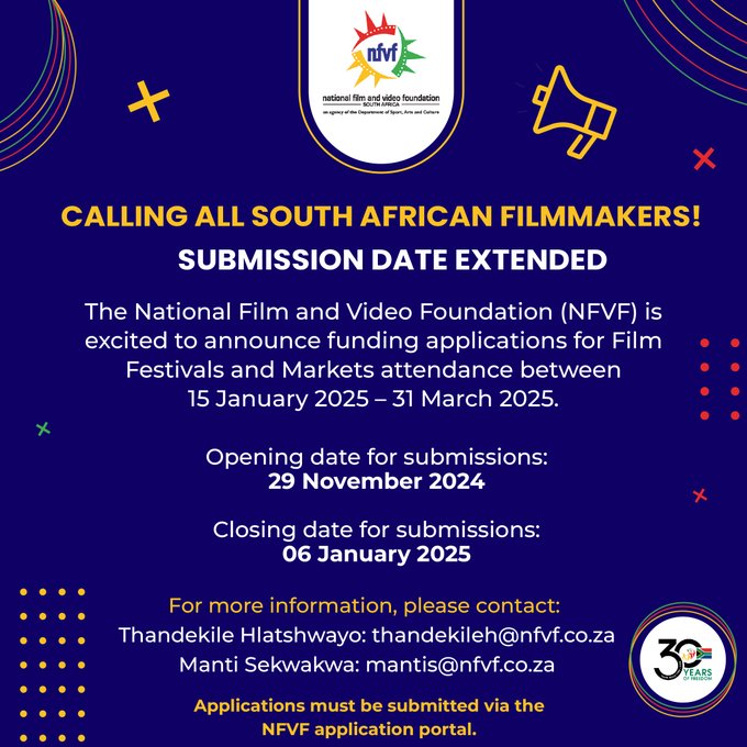 Calling all South African Filmmakers! Submissions for NFVF Funding applications for Film festivals and Markets attendance have been extended.

Submit here: nfvf.praxisgms.co.za

#NFVF #Funding #Filmfestival #SouthAfricanFIlmmakers #Filmmakers #SouthAfrica