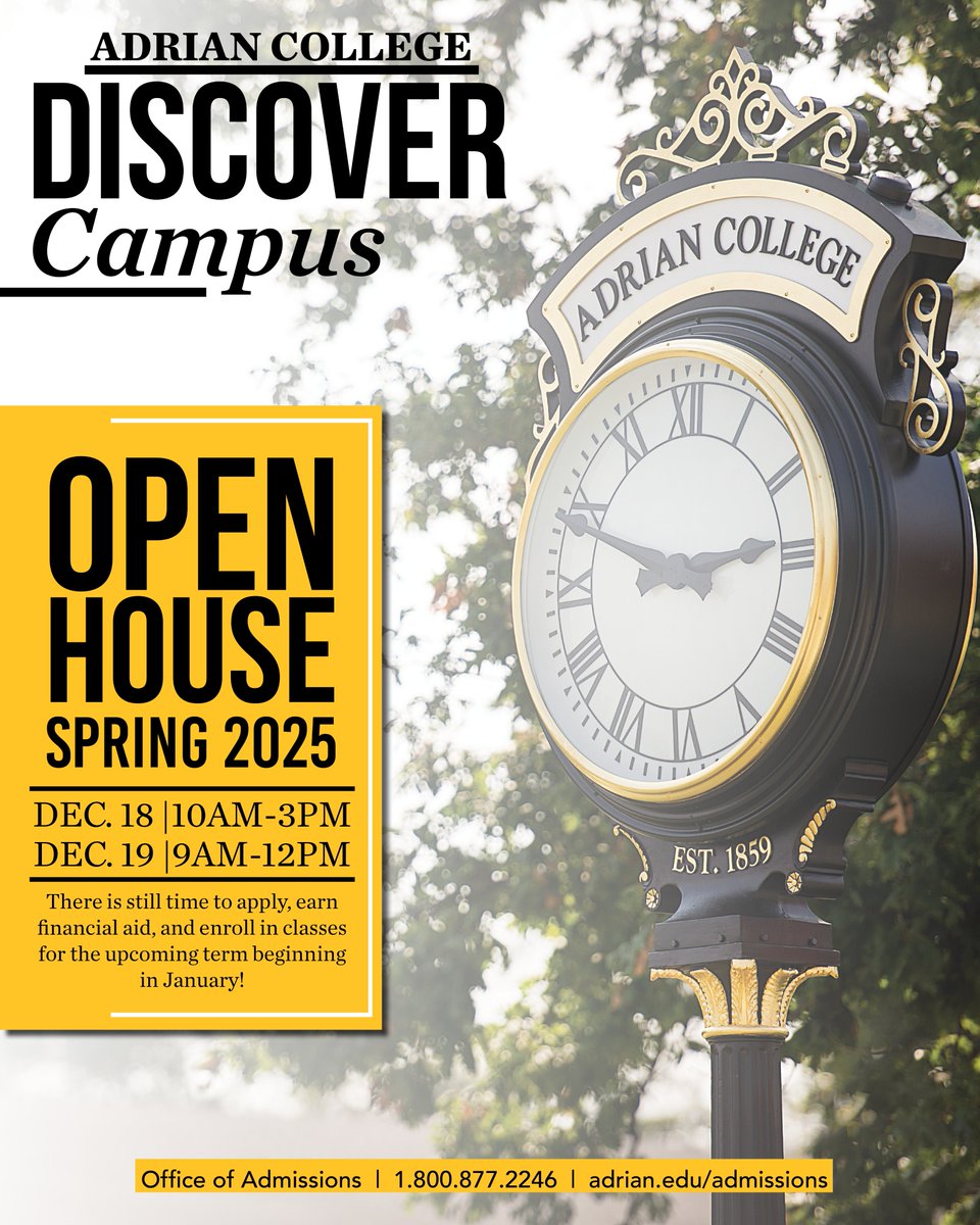 AdrianCollege's tweet image. Let's get you ready to be a Bulldog next semester! 

Want to learn more about our upcoming open house? Reach out to your admissions counselor for more information.

#GDTBAB #adriancollege #BulldogProud #highereducation