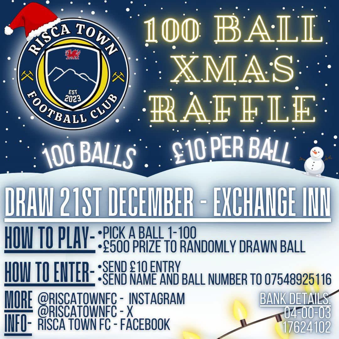 RiscaTownFC's tweet photo. 🎄RISCA TOWN 100 BALL XMAS RAFFLE🎄

Still plenty of numbers remain for our Xmas ball raffle! 

PRIZE - £500
DRAW - 21st December

Entry is instructed below, or pop into The Exchange Inn to reserve a ball, and a Pint👀

#UppaTown🔵🟡

👇🏻All info + Balls Available👇🏻 https://t.co/hLVYnZgLGC