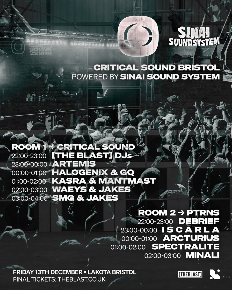 Critical Music (@criticalmusic) on Twitter photo This Friday - Critical Sound - Bristol
Catch Critical back in Bristol @ <a href="/LakotaBristol/">Lakota - Bristol</a> - powered by the Sinai Sound System 🔊🔊
Tickets are on final release → bit.ly/CriticalSoundS… This Friday - Critical Sound - Bristol
Catch Critical back in Bristol @ <a href="/LakotaBristol/">Lakota - Bristol</a> - powered by the Sinai Sound System 🔊🔊
Tickets are on final release → bit.ly/CriticalSoundS…