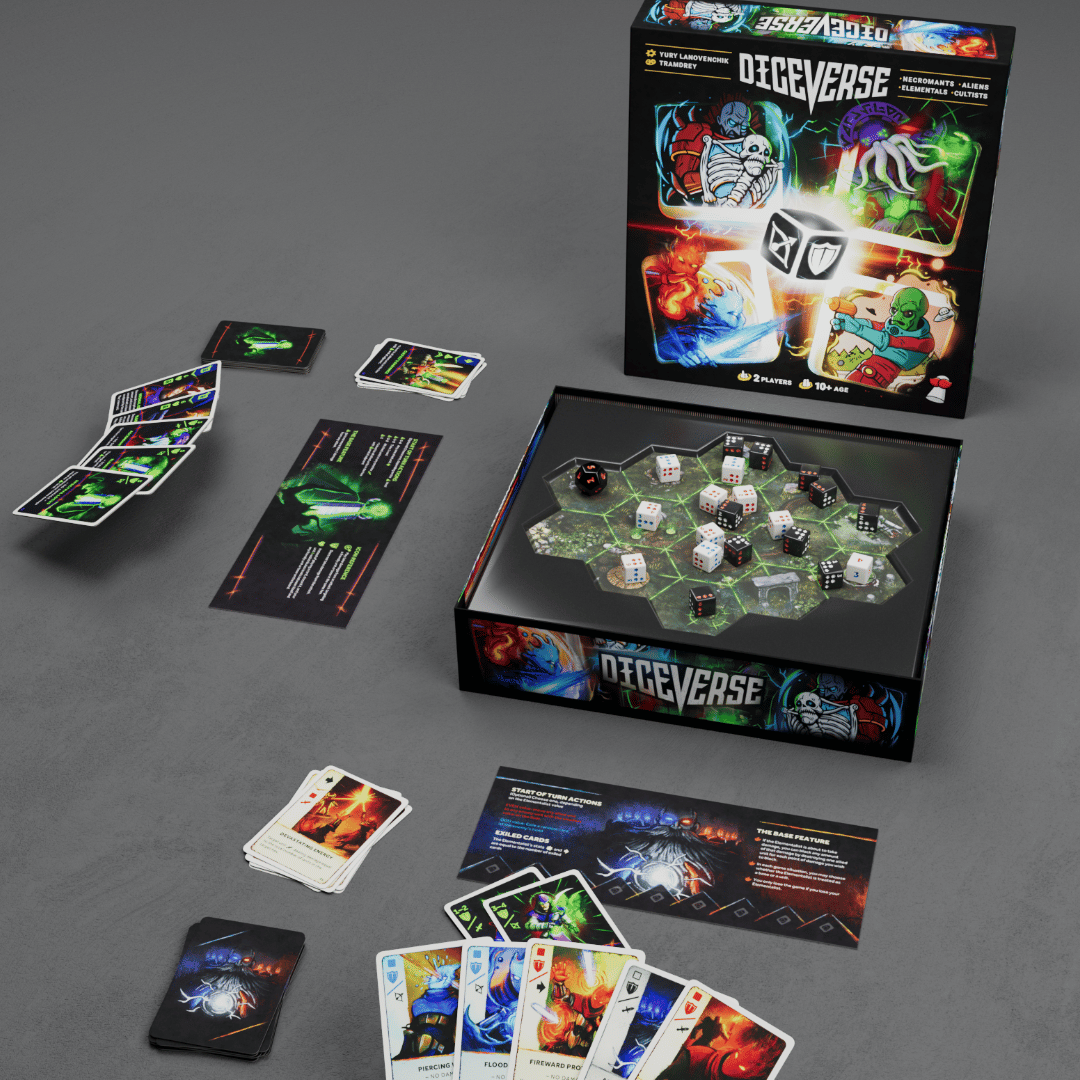 ShviliGames's tweet photo. What’s better than a new board game? TWO new board games!
Get ready to dive into DICEVERSE, the ultimate two-player showdown! This game combines the luck of dice and the strategy of cards, delivering fast-paced, brain-bending battles. https://t.co/aiKH5DkwO5 https://t.co/Hvt2h2GCJj