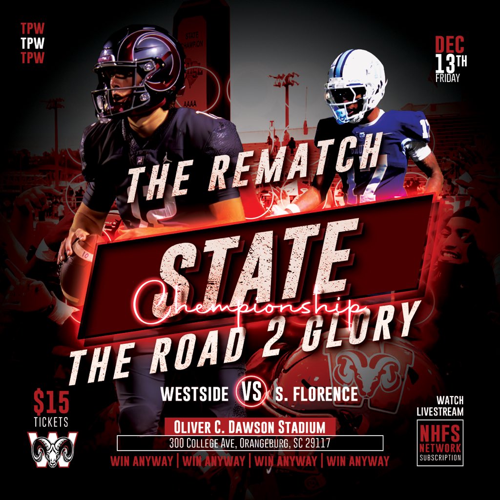 Westside Football (@ramsfootballsc) on Twitter photo Back 2 Back State Champs Loadin….⏳🏆 <a href="/SFBruinFootball/">South Florence Football</a> is NOT READY 😈
The Road 2 Glory
#westside #westsidethebestside #westsiderams #fridaynight #fridaynightlights #ESPN #football #highschoolfootball #highschoolsports #roadtoglory #playoffs #backtoback #highschoolplayoffs Back 2 Back State Champs Loadin….⏳🏆 <a href="/SFBruinFootball/">South Florence Football</a> is NOT READY 😈
The Road 2 Glory
#westside #westsidethebestside #westsiderams #fridaynight #fridaynightlights #ESPN #football #highschoolfootball #highschoolsports #roadtoglory #playoffs #backtoback #highschoolplayoffs