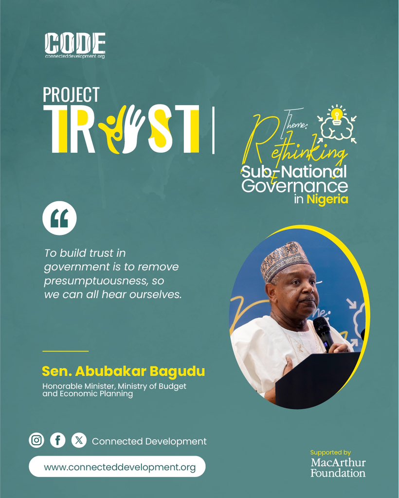Connected_dev's tweet image. Reliving moments from Connected Development’s (@Connected_dev) #ProjectTrustNG close-out event through words🥳

Honorable Minister of Budget and Economic Planning (@PlanningNG) , Sen. Abubakar Bagudu’s (@atikuabagudu) thoughts on building trust between government &amp;amp; citizens (1/2)