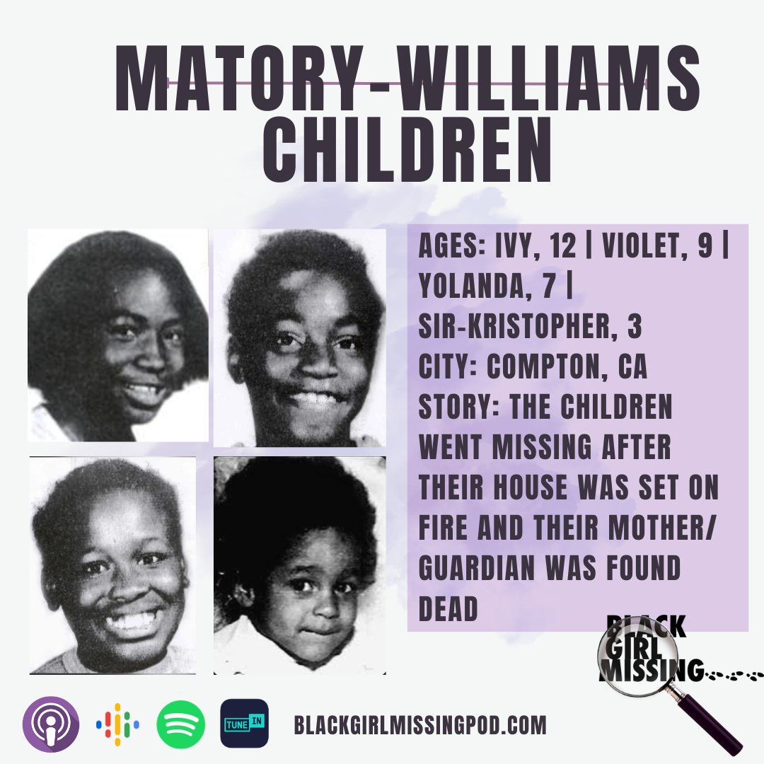 #BlackGirlMissing 
MISSING: Matory- Williams Children
After the home of Earlene Williams went up in flames and she was found deceased, the question of "where are the children" came front and center. 

Stream now wherever you listen to podcasts.
blackgirlmissingpod.com