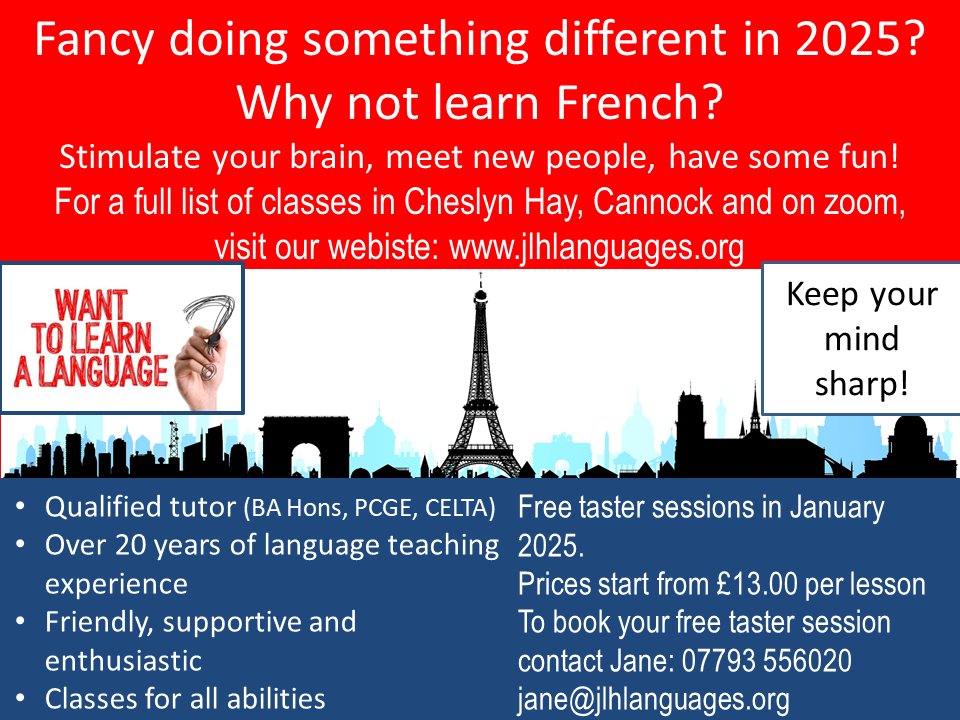 Registration is now open for our classes which begin in January 2025. Whether you are a complete beginner or someone who wants to take their learning to the next level, get in touch and book your free taster session today! Website: jlhlanguages.org