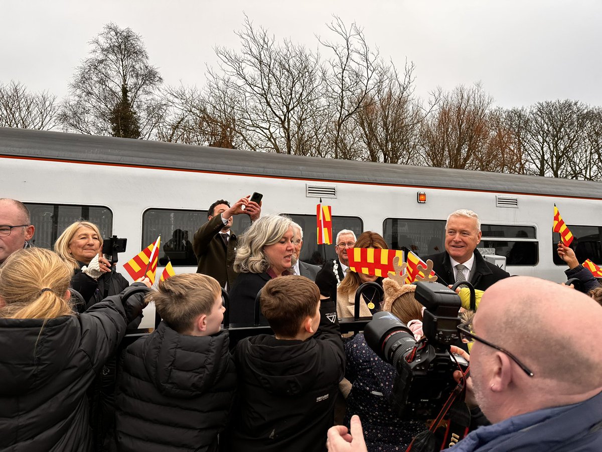 NCEA_Bishops's tweet photo. We were delighted to be part of the historic moment when Ashington Station welcomed its first passengers today! Our children’s artwork is on display in the station. @northernraill @IanLaveryMP @N_landCouncil #proud https://t.co/wZ7doWl9et