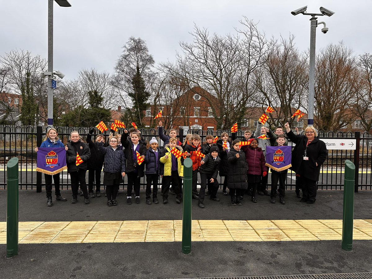 NCEA_Bishops's tweet photo. We were delighted to be part of the historic moment when Ashington Station welcomed its first passengers today! Our children’s artwork is on display in the station. @northernraill @IanLaveryMP @N_landCouncil #proud https://t.co/wZ7doWl9et