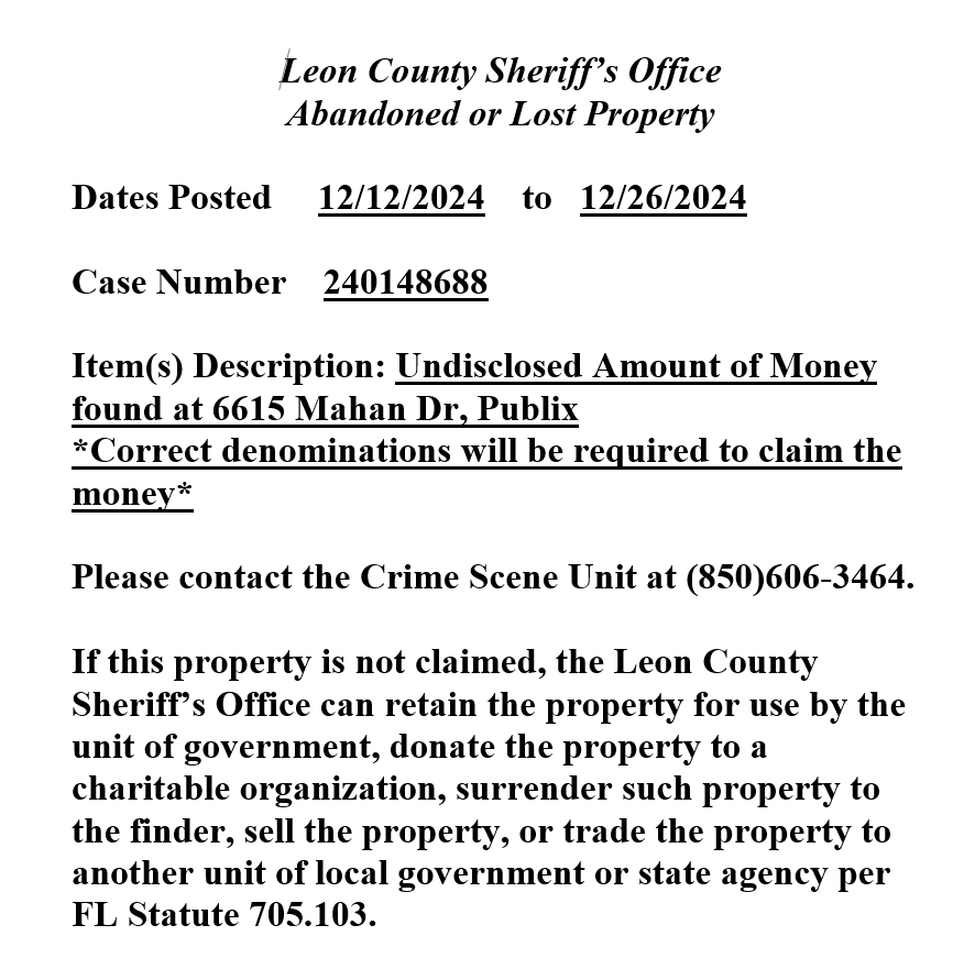 LeonSheriff's tweet photo. FOUND PROPERTY NOTICE:
Must be claimed by the end of the business day on December 26th, 2024. https://t.co/PKPCVNAzuC