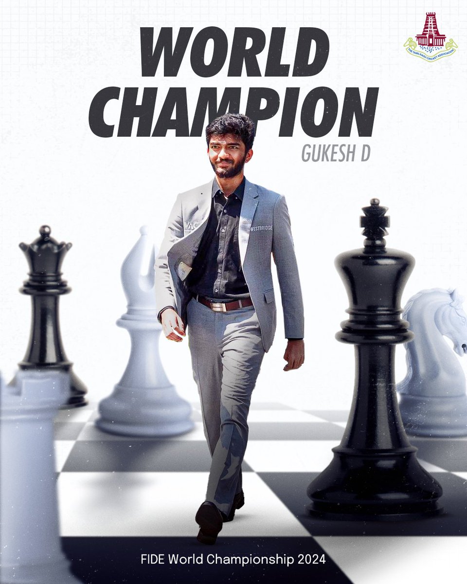 TNCACricket's tweet photo. 🏆 தமிழ்நாட்டின் தங்கமகன்! Gukesh D clinches the FIDE World Championship 2024, making history as the youngest World Champion ever.

#DingGukesh #TNCA #GukeshD #WorldChessChampionship2024 https://t.co/riFJojm1ym
