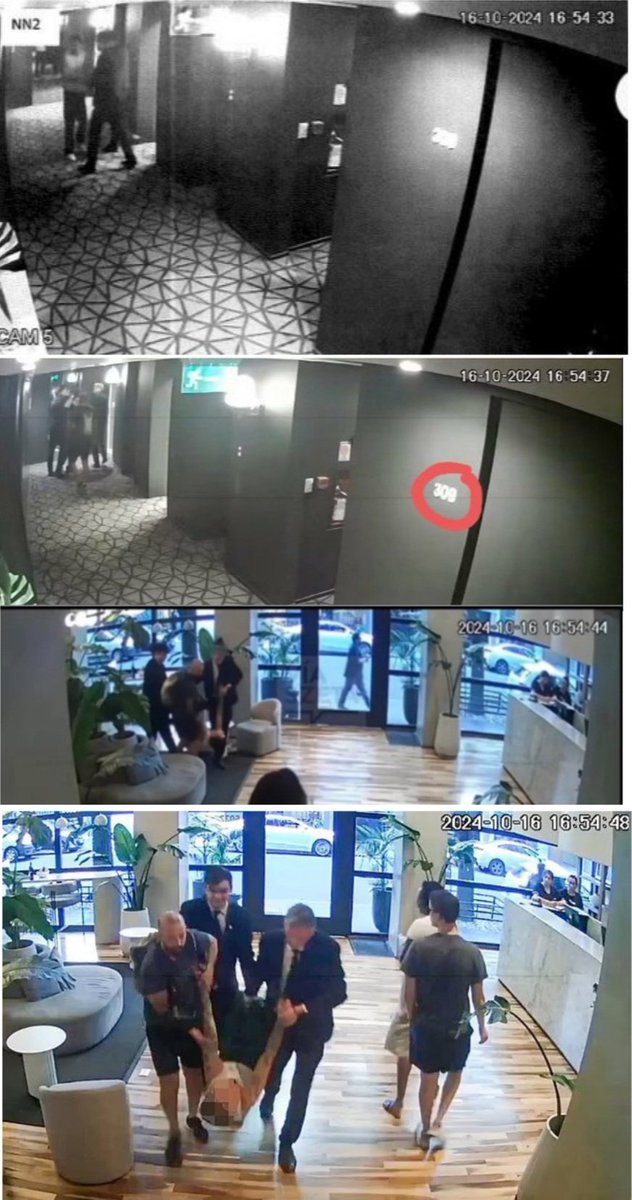 No_Reason_Jenz's tweet photo. @RaveNixkz How can all this happen in 15 seconds. From 3rd floor to reception. From Liam standing outside his room, to the 'staff' surrounding him. Then dragging him like an animal with no regard for his health or wellbeing!! 15 seconds??!! #JusticeForLiamPayne https://t.co/aULBfVKD05
