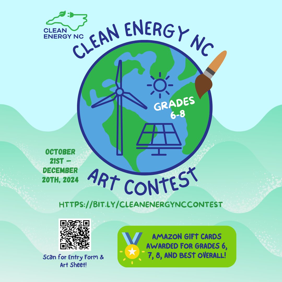 CleanEnergy_NC's tweet photo. Our 2024 Clean Energy NC Coloring Contest and Art Competition is open for elementary and middle school students! Entries are due by December 20th. Download entry forms and art sheets here: https://t.co/REXzTqFTLy #cleanenergyactionmonth #cleanenergyNC #S4G #STEPs4GROWTH https://t.co/OOER3m4ZaB