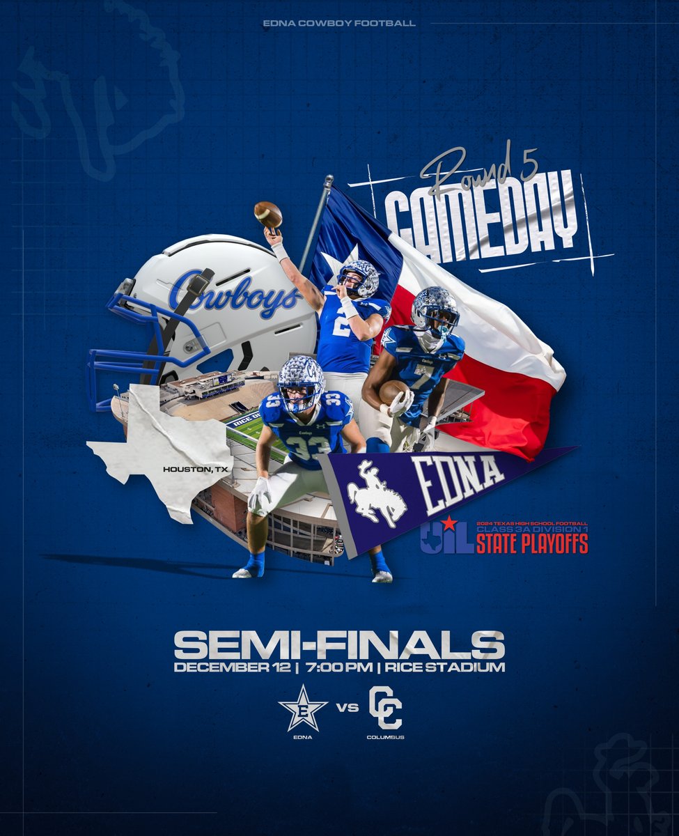 🏈 GAME DAY! The Edna Cowboys face the Columbus Cardinals in the UIL 3A D1 State Semi-Final!

📍 Rice University Stadium, 6100 Main St, Houston
📅 12/13/24 | ⏰ 7 PM
Let’s pack the stands! 💙🤠 #CowboyStrong #UILSemifinals #EdnaCowboys