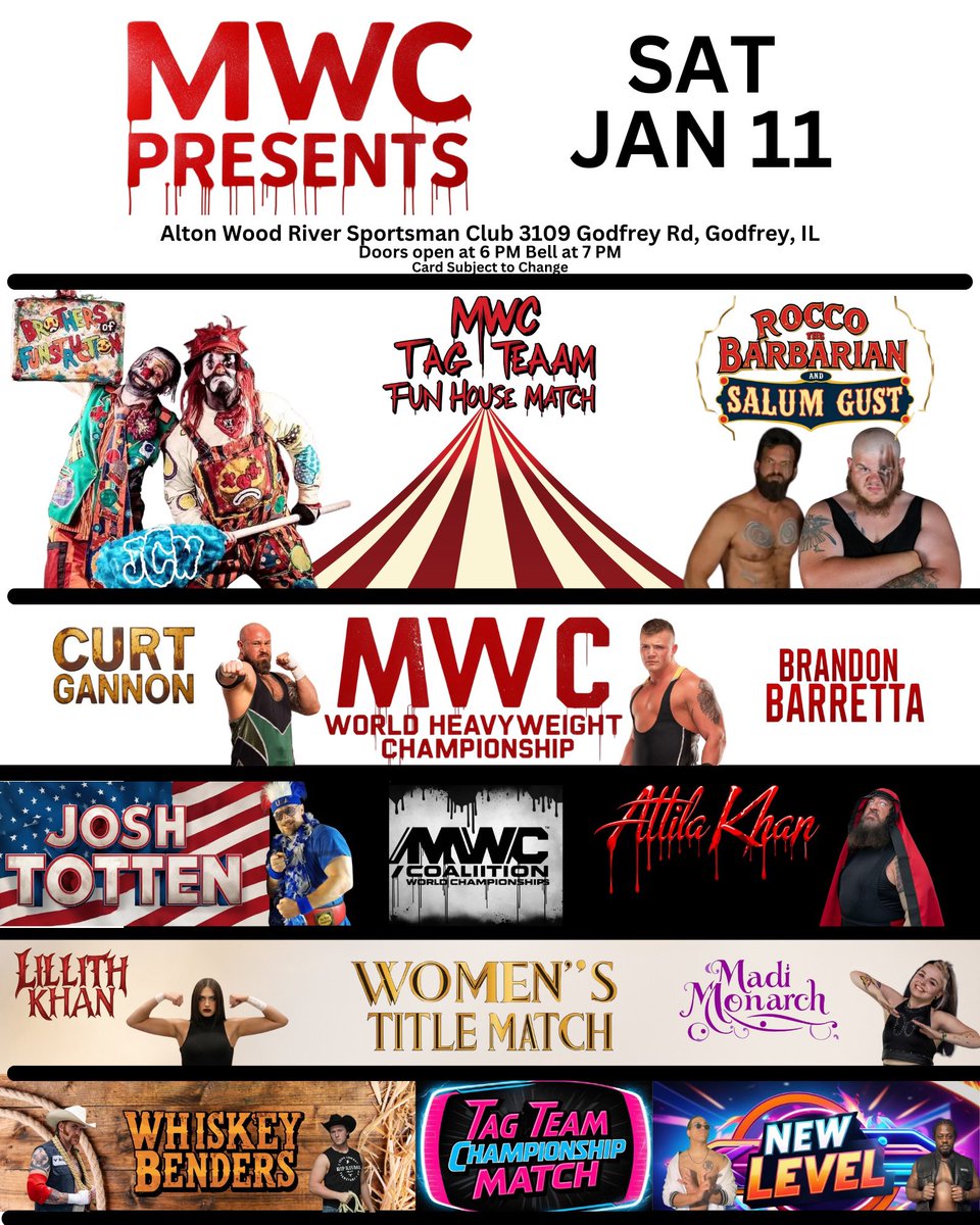 mwc618's tweet image. Get ready, wrestling fans! MWC Night of Champions is coming your way on Saturday, Jan 11 at the Alton Wood River Sportsman Club in Godfrey, IL!

Doors open at 6 PM, and the action starts at 7 PM! 🕖

#MWCWrestling #NightOfChampions #prowrestling