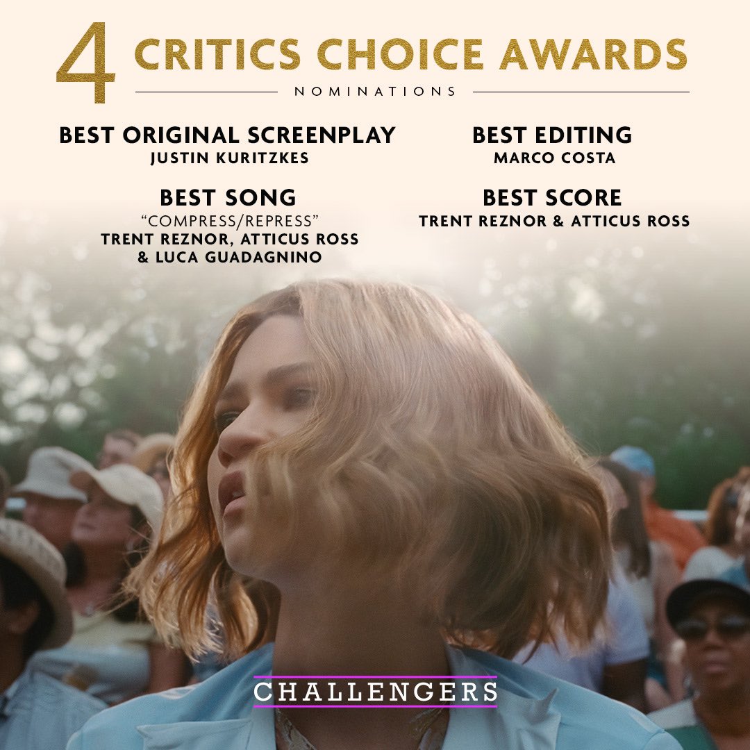challengersmov's tweet image. The critics have spoken! We are honored to receive 4 #CriticsChoiceAwards nominations including Best Original Screenplay, Best Editing, Best Song, and Best Score! ✨🎬 #ChallengersMovie
@CriticsChoice
