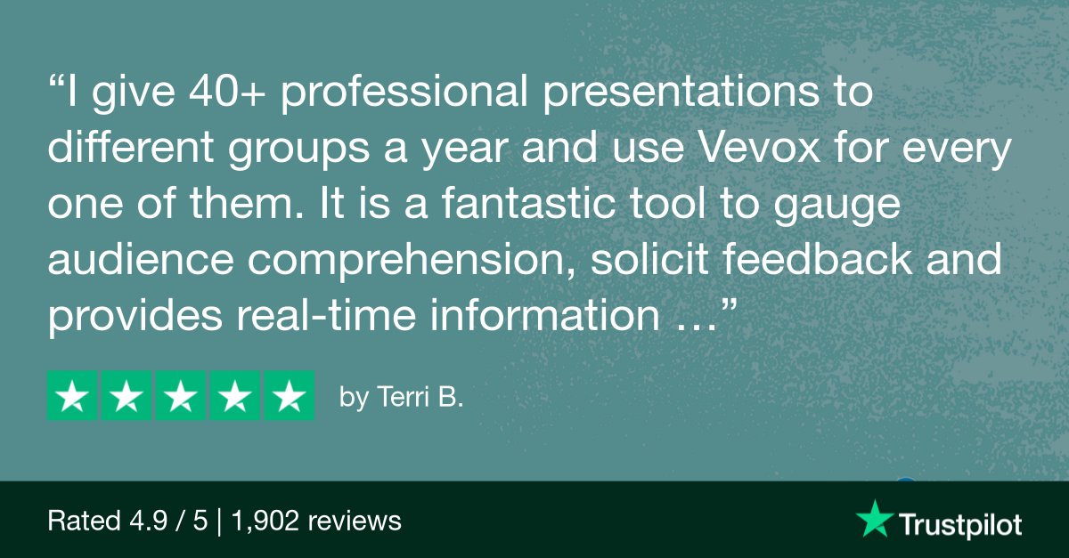 🚨REVIEW OF THE WEEK🚨

"I give 40+ professional presentations to different groups every year and use Vevox for every one of them"

See the FULL review by following the link below: 👇

lnkd.in/dDMYEk5P