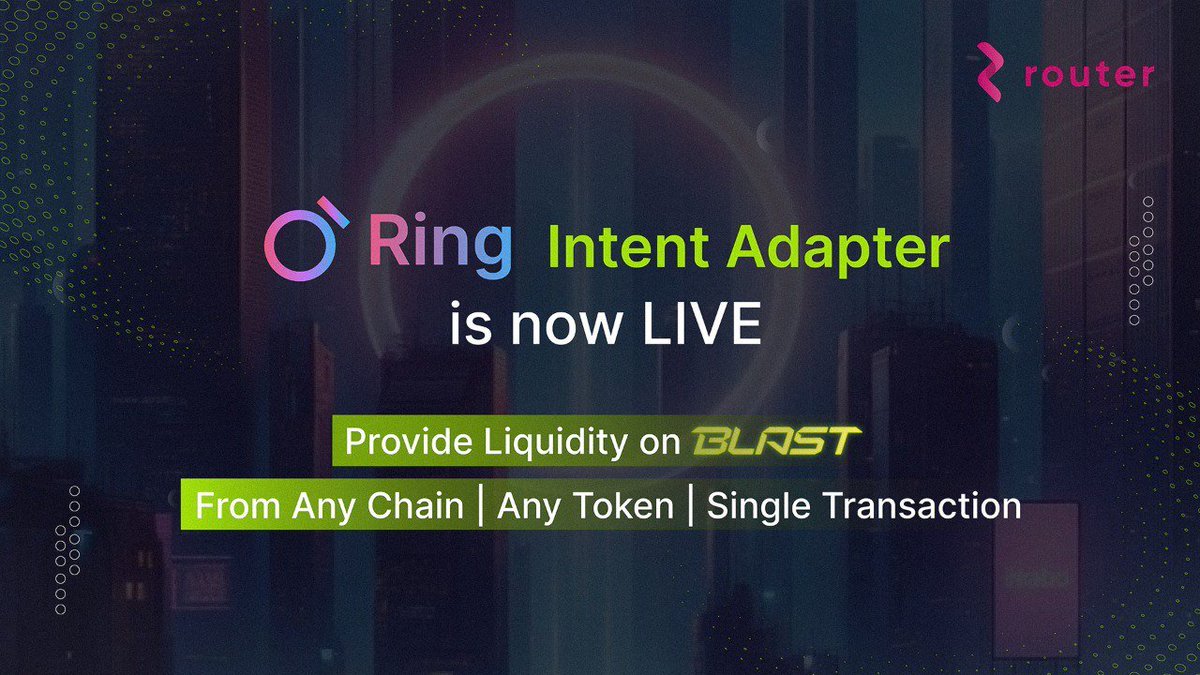 routerprotocol's tweet photo. 1/ Introducing Router’s Intent Adapter for @ProtocolRing on Blast Chain!

Deposit liquidity to @blast chain from any chain, using any token, all in one transaction through a single interface (now integrated into Ring's UI) 🌟

🔗 Try it now: https://t.co/t31OxUKKq2 

📖 Learn more: https://t.co/nYsZxTeva5 

No chain-hopping. No extra steps. Just the fastest and most cost-efficient way to provide liquidity from any chain 🌟